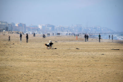 People on beach against sky in city