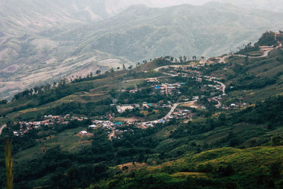 High angle view of landscape and mountains