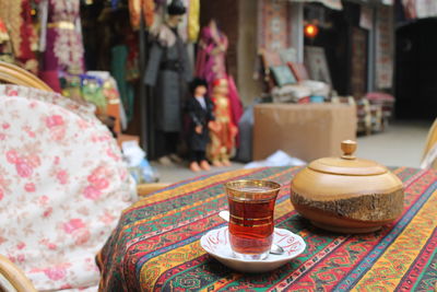 Close-up of tea in glass on table