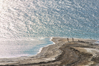 High angle view of people on shore at beach by dead sea