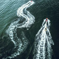 High angle view of boats on sea