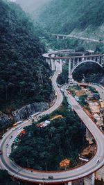 High angle view of bridge over road in city