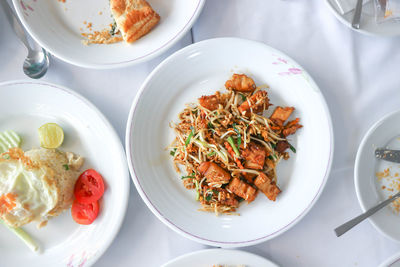 High angle view of meal served on table