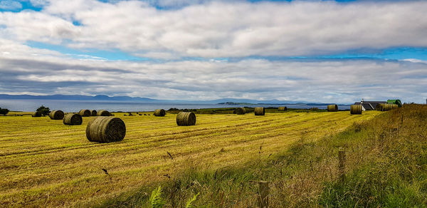 Hay bales on field against sky