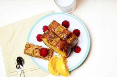 High angle view of food in plate on table