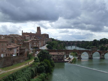 Bridge over river against cloudy sky