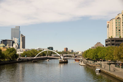 Bridge over river with buildings in background