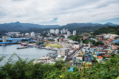 High angle view of townscape against sky