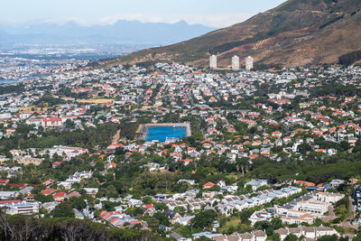 View of town against mountain range