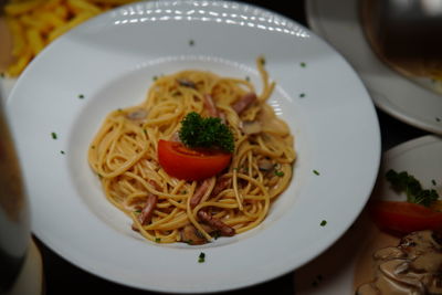 Close-up of noodles served in plate