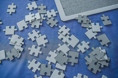 High angle view of puzzle pieces 