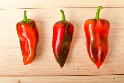 Close-up of red chili peppers on table