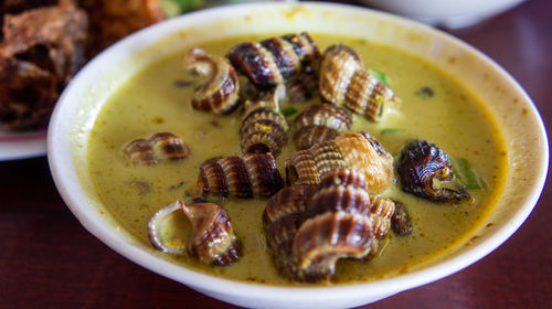 High angle view of food in bowl on table