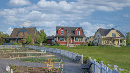 Houses on field against sky