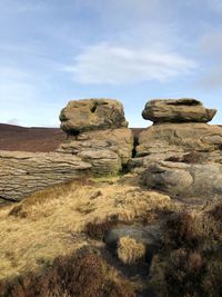 Rock formations on landscape against sky