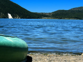 Scenic view of lake against clear blue sky