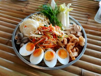 High angle view of food in plate on table