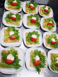 High angle view of food served on table