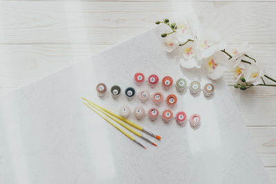 High angle view of pencils on table