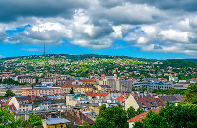 High angle view of townscape against sky