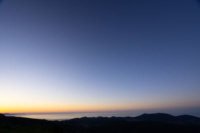 Scenic view of silhouette mountain against clear sky during sunset