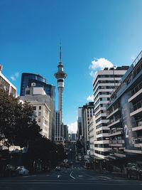 View of city buildings against blue sky