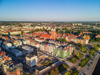 High angle shot of townscape against sky