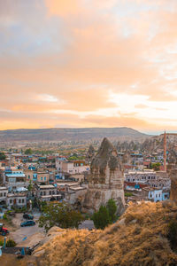 High angle view of townscape against sky during sunset