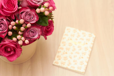 High angle view of rose bouquet on table