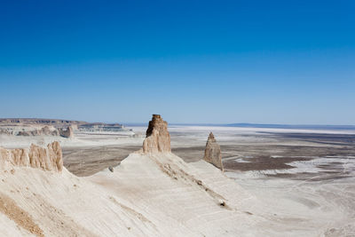 Scenic view of beach against clear blue sky