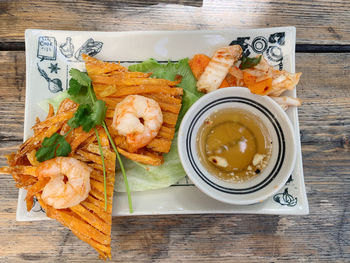 High angle view of meal served on table