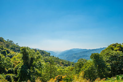 Scenic view of mountains against blue sky