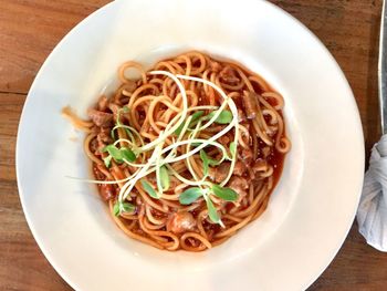 High angle view of noodles served in bowl