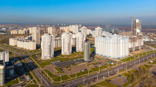 High angle view of buildings against sky