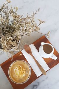 High angle view of coffee cup on table