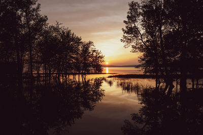 Silhouette trees by lake against sky during sunset