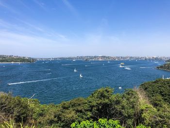 High angle view of bay against clear blue sky