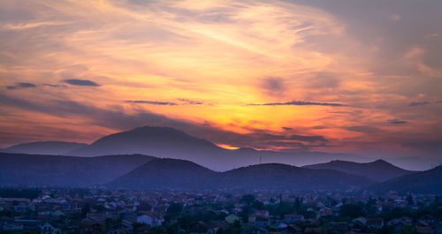 High angle view of cityscape at sunset