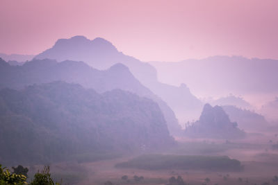 Scenic view of mountains against sky during sunset