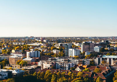 High angle view of townscape against clear sky