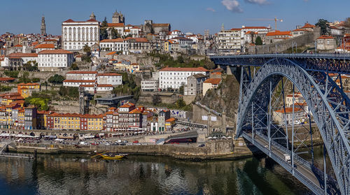 Bridge over river by buildings in city against sky