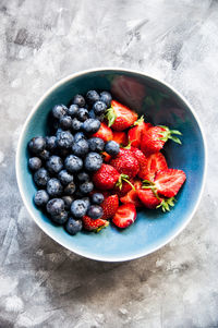 High angle view of strawberries in bowl