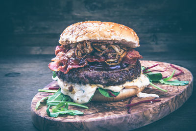 Close-up of burger on table