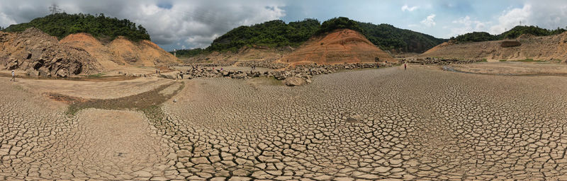 The dried lake in lower shing mun reservoir, hong kong, scenic view of landscape against sky