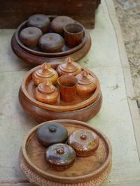High angle view of pastries on table