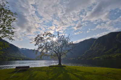 Scenic view of lake and mountains against cloudy sky