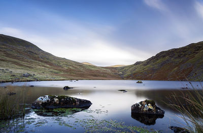 Scenic view of lake and mountains against sky