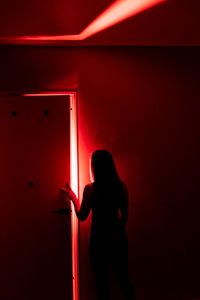 Rear view of silhouette woman standing against door