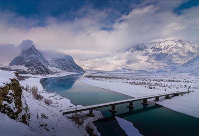 Scenic view of snowcapped mountains against sky during winter