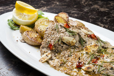 Close-up of food served in plate